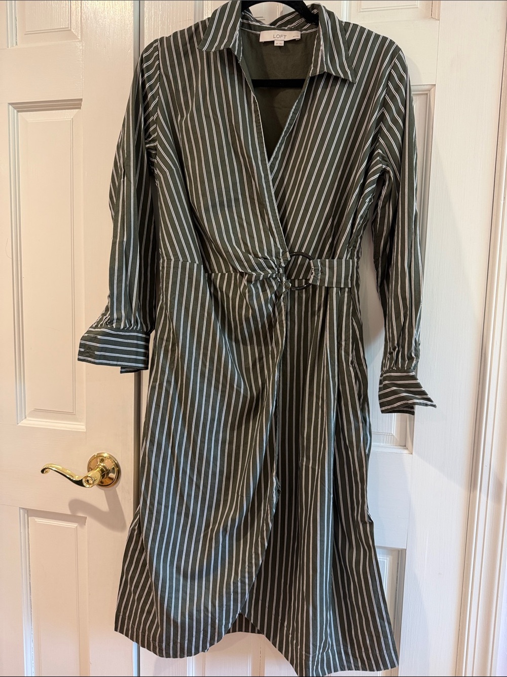 LOFT Olive and White Striped Wrap Midi Dress with Ring Belt